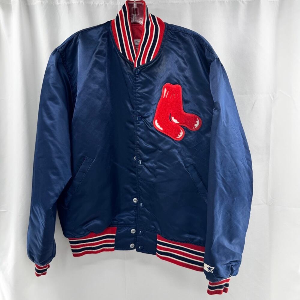 Vtg 80's 90's Diamond Starter Boston Red Sox Satin Jacket Sz L Blue Red Baseball